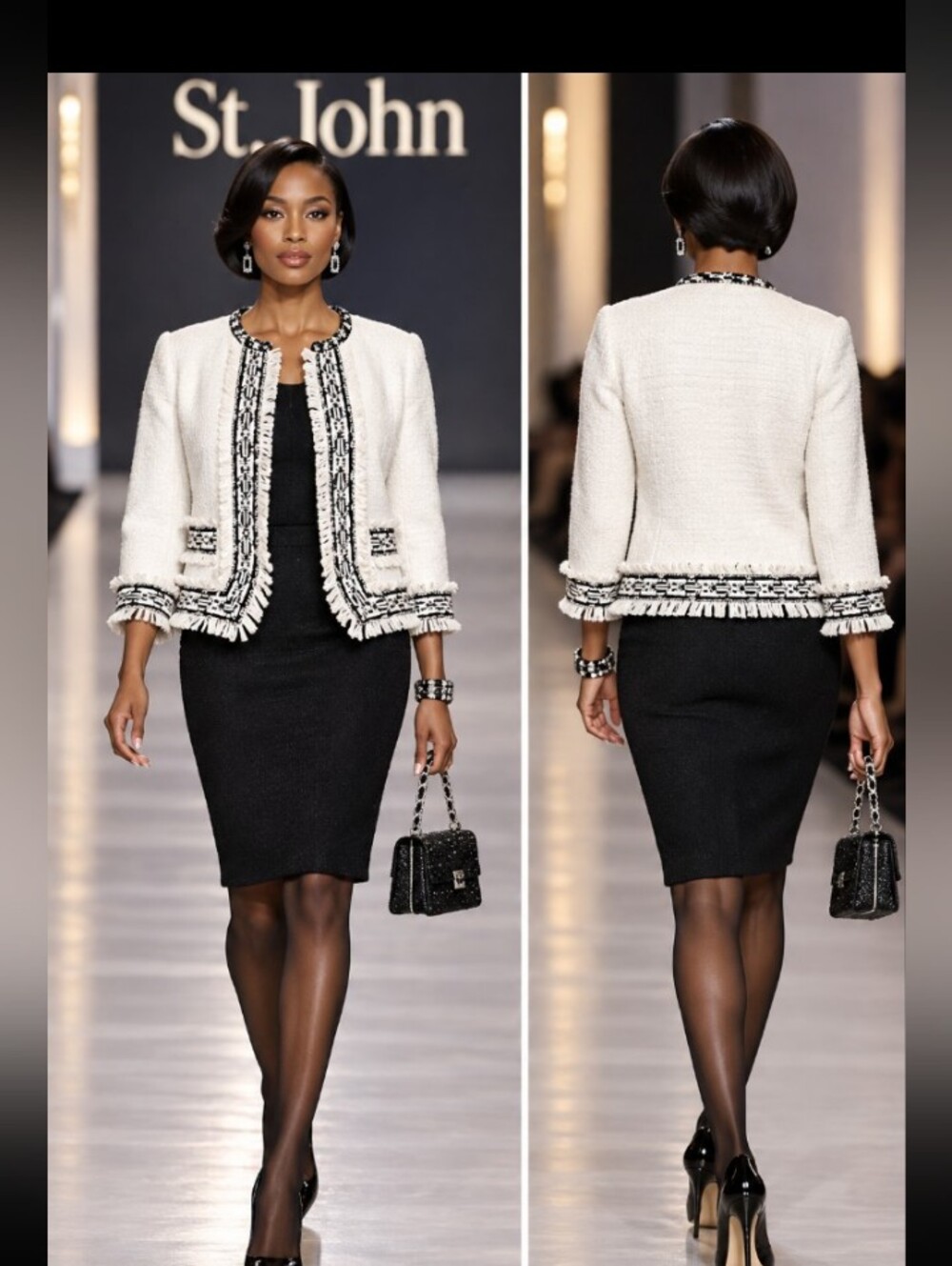 St. John Knit 0 2 4 White Black Boucle Fringe Jacket Santana Knit Skirt Set Suit - Picture 14 of 15